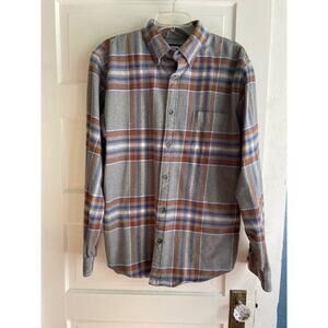 Lands' End Size Large Men's 100% Cotton Gray Plaid Flannel‎ Shirt Long Sleeve